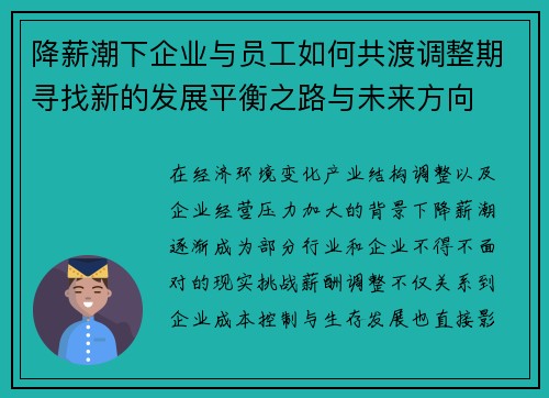 降薪潮下企业与员工如何共渡调整期寻找新的发展平衡之路与未来方向